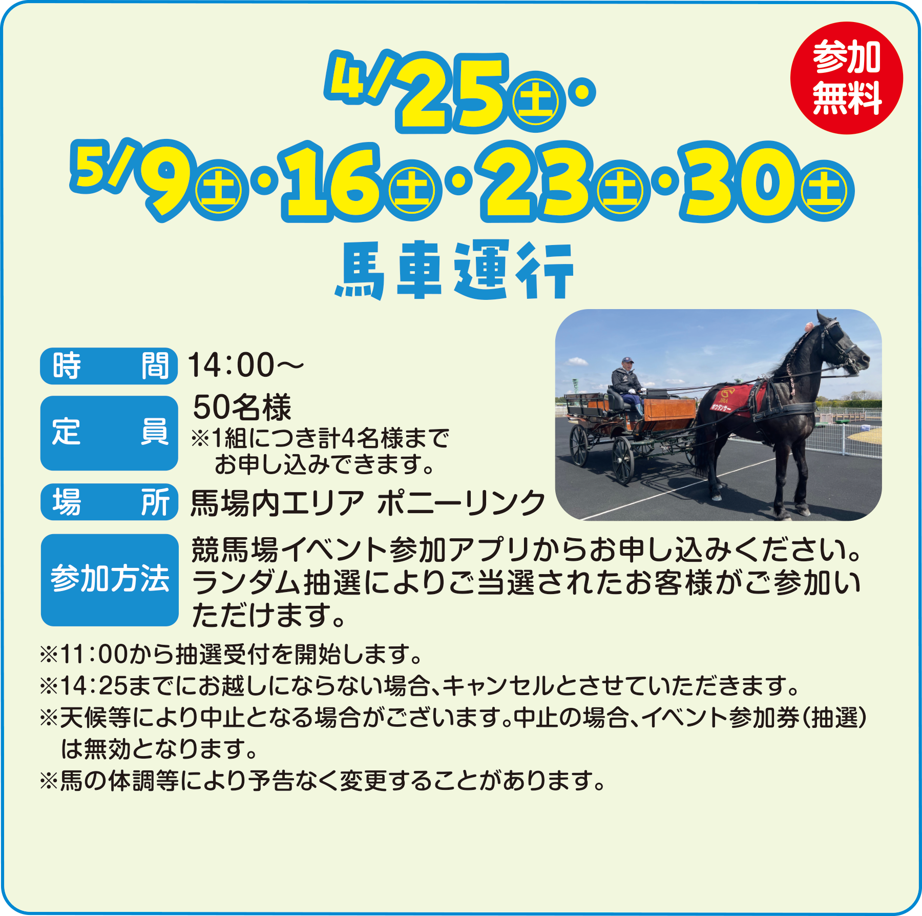 
4/25�i�y�j�E5/9�i�y�j�E16�i�y�j�E23�i�y�j�E30�i�y�j
�n�ԉ^�s

���ԁ@14�F00�`
����@50���l�@��1�g�ɂ��v4���l�܂ł��\�����݂ł��܂��B
�ꏊ�@�n����G���A �|�j�[�����N
�Q�����@�@���n��C�x���g�Q���A�v�����炨�\�����݂��������B�����_�����I�ɂ�育���I���ꂽ���q�l�����Q�����������܂��B

��11�F00���璊�I��t���J�n���܂��B
��14�F25�܂łɂ��z���ɂȂ�Ȃ��ꍇ�A�L�����Z���Ƃ����Ă��������܂��B
���V�󓙂ɂ�蒆�~�ƂȂ�ꍇ���������܂��B���~�̏ꍇ�A�C�x���g�Q�����i���I�j�͖����ƂȂ�܂��B
���n�̑̒����ɂ��\���Ȃ��ύX���邱�Ƃ�����܂��B            
