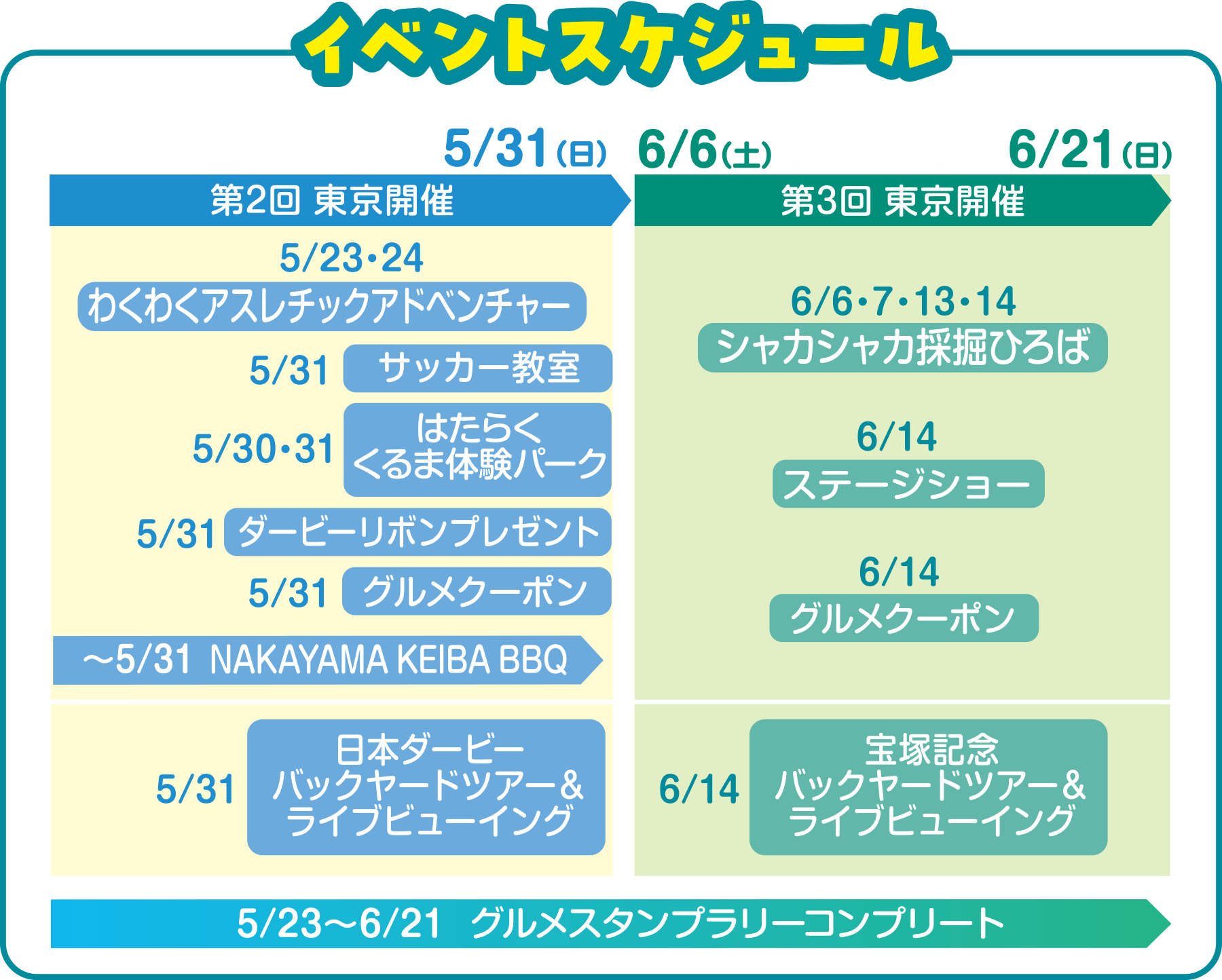 
5/23�E24  �킭�킭�A�X���`�b�N�A�h�x���`���[
5/30�@�T�b�J�[����
5/31�@�͂��炭����ܑ̌��p�[�N
5/31�@�O�����N�[�|��
5/31�@�T�b�J�[����
�`5/31�@NAKAYAMA KEIBA BBQ
5/31�@���{�_�[�r�[�o�b�N���[�h�c�A�[�����C�u�r���[�C���O
                                              
6/6�E7�E13�E14  �V���J�V���J�̌@�Ђ��
6/14�@�X�e�[�W�V���[
6/14�@�O�����N�[�|��
6/14�@��ˋL�O�o�b�N���[�h�c�A�[�����C�u�r���[�C���O

5/23�`6/21�@�O�����X�^���v�����[�R���v���[�g
